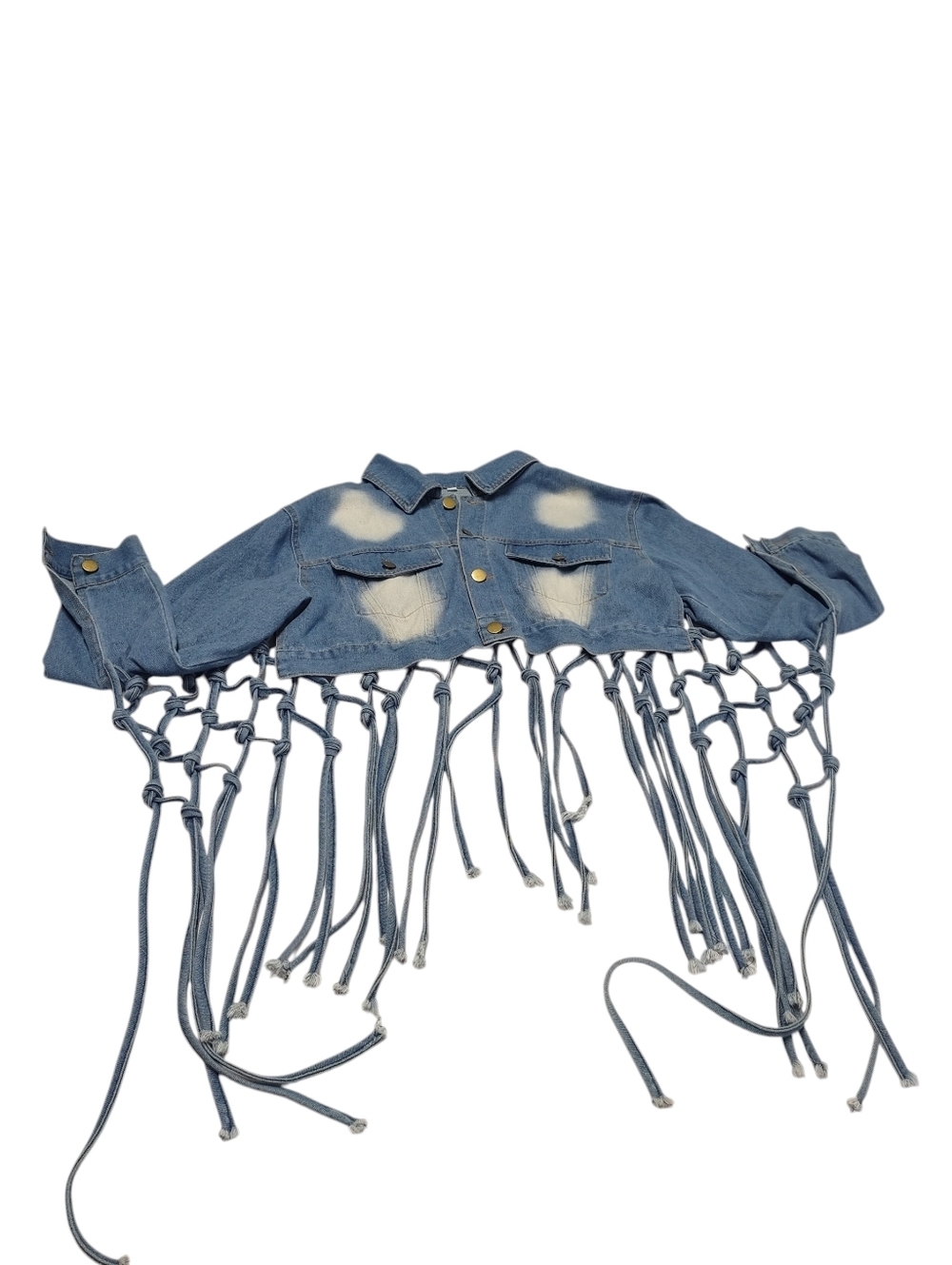 Cropped Bleached Denim Jacket Women's Size M Macrame Lace Up Back Boho Festival - Picture 7 of 10